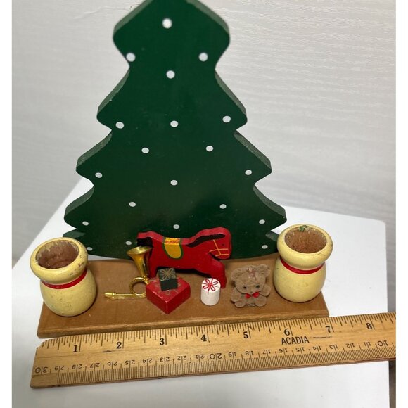 Wooden Christmas Tree Candle Holder With Festive Decor & Toy Ornaments Taper 7" - Picture 3 of 4